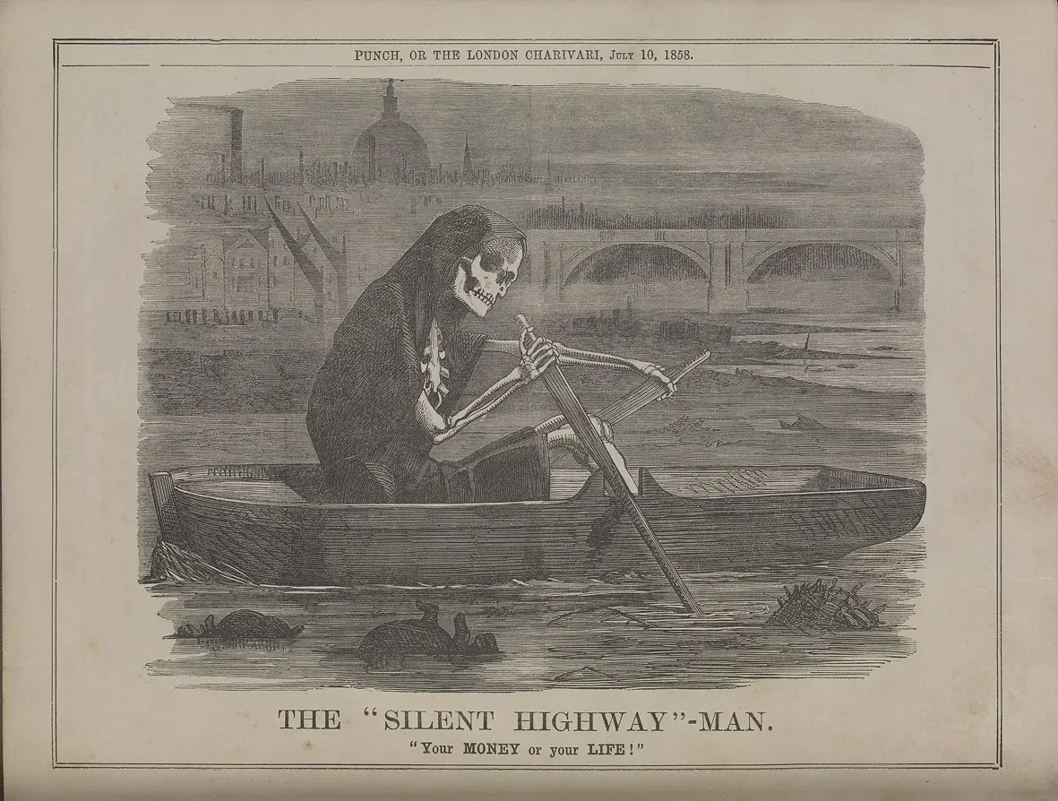 Image from Punch depicting a skeleton in a rowing boat on the Thames with the caption the silent highway man.